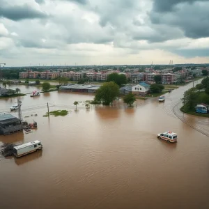 Aerial view of flooded urban roads and vehicles in San Antonio