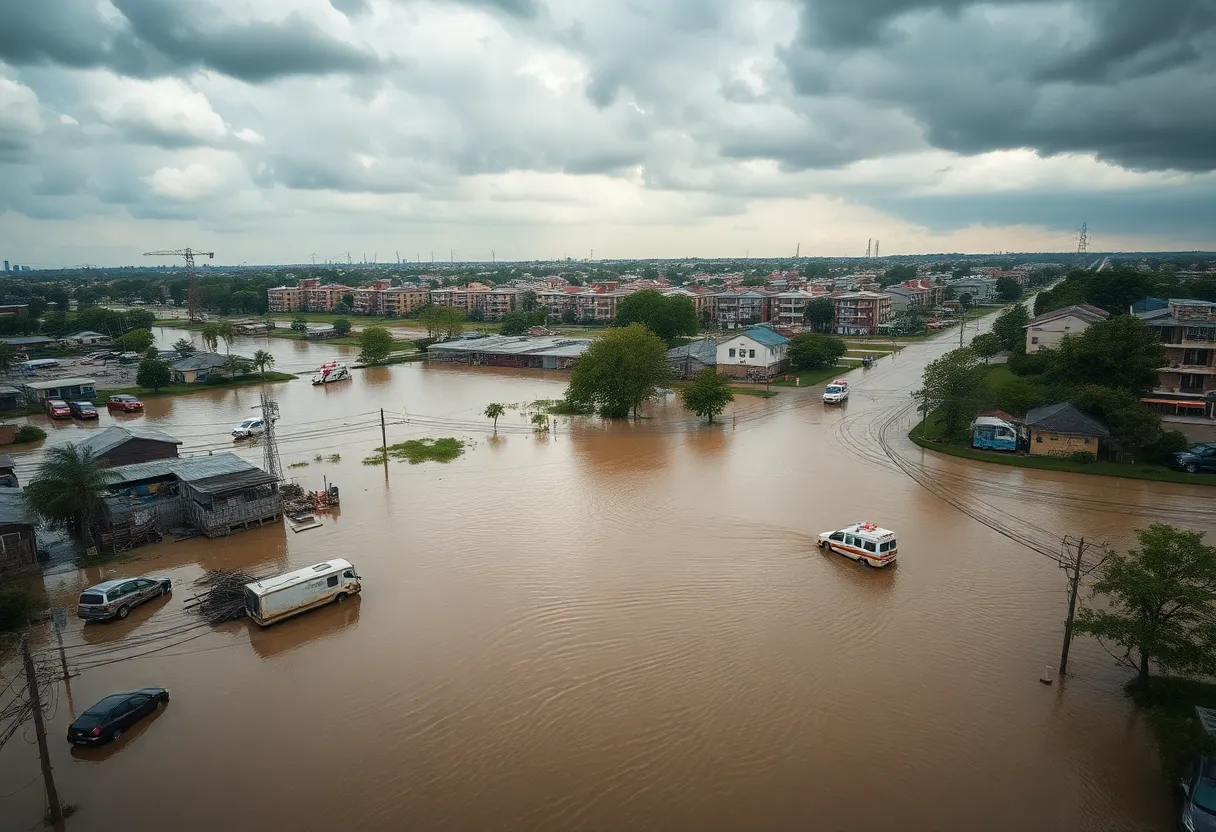 Aerial view of flooded urban roads and vehicles in San Antonio
