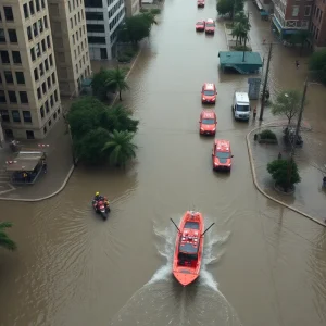 Emergency responders conducting rescue operations in flooded San Antonio streets.