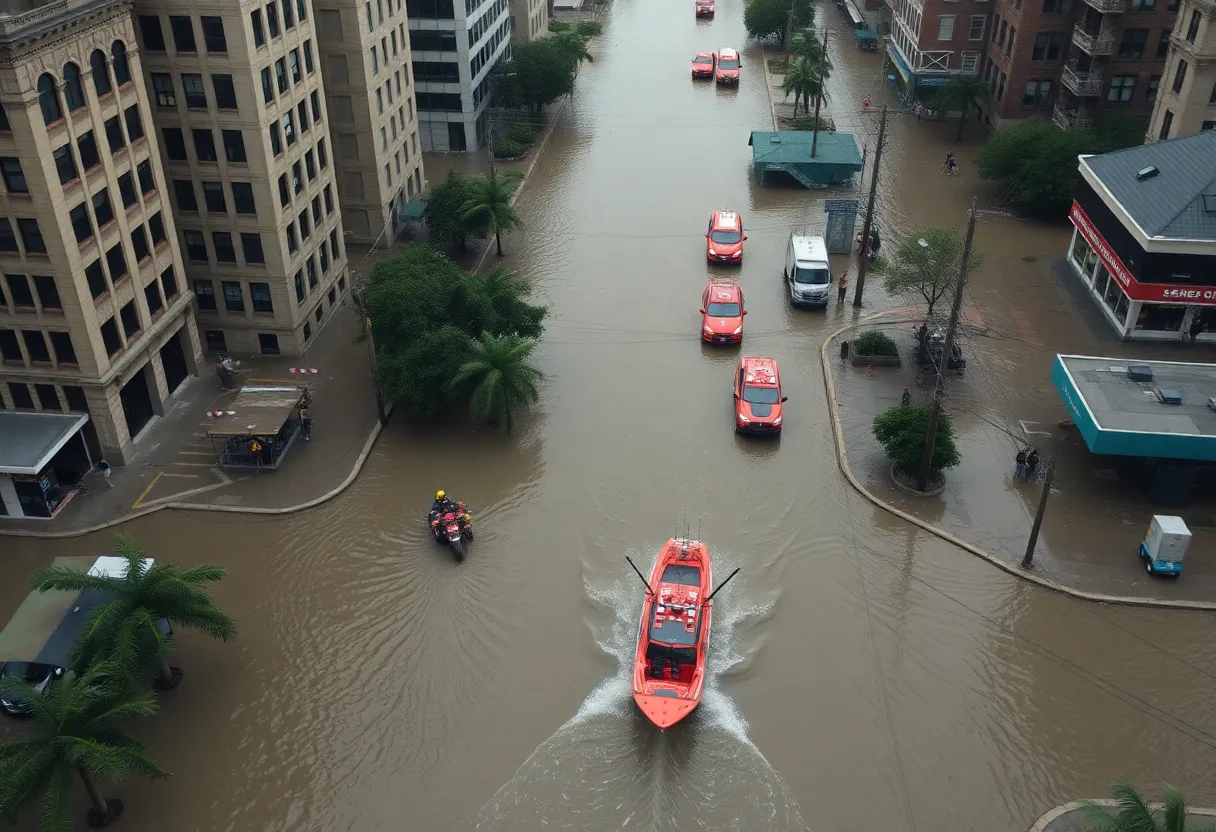 Emergency responders conducting rescue operations in flooded San Antonio streets.