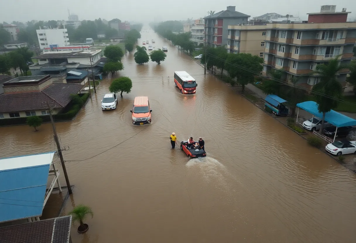 Aerial view of San Antonio flooding with emergency response teams amidst submerged vehicles.