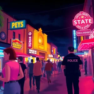 Nightlife scene in downtown San Antonio with police presence