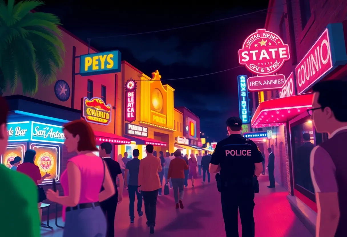Nightlife scene in downtown San Antonio with police presence