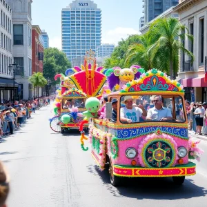Vibrant street scene during a San Antonio parade with colorful floats.