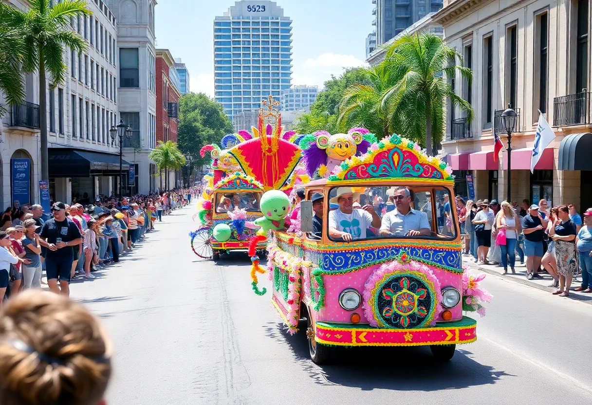 Vibrant street scene during a San Antonio parade with colorful floats.