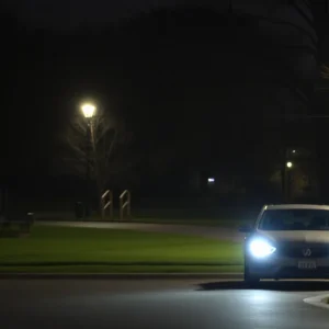 A parked vehicle at night in a San Antonio park, highlighting safety concerns.