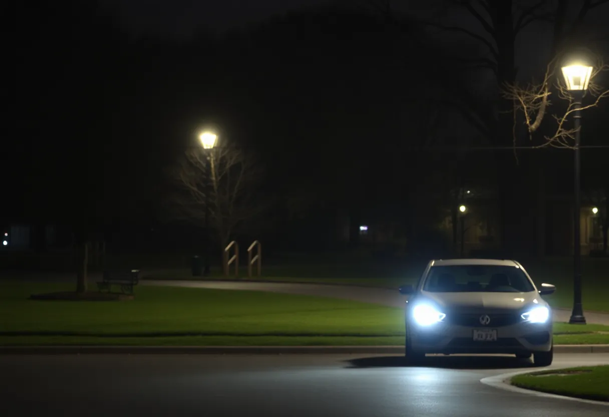 A parked vehicle at night in a San Antonio park, highlighting safety concerns.