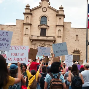 Diverse group of protesters holding signs near the Alamo in San Antonio