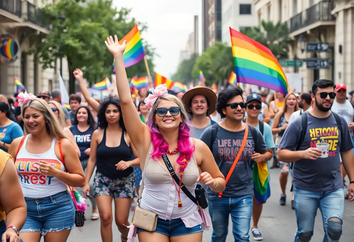 Participants celebrating Pride Week in San Antonio with colorful flags and vibrant outfits.