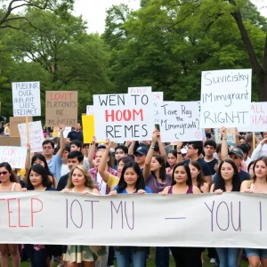 Crowd of protesters at the San Antonio protest against immigration policies