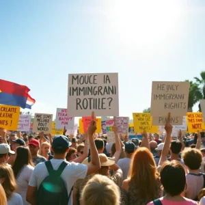 A large crowd protesting in San Antonio for immigration rights