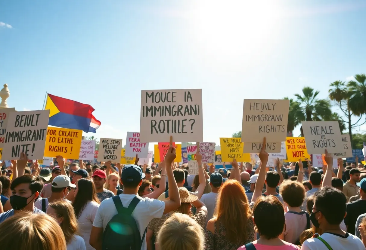 A large crowd protesting in San Antonio for immigration rights
