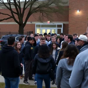 Concerned community gathered outside a school discussing safety and allegations