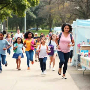 Families participating in a fun run while donating school supplies at a community event.