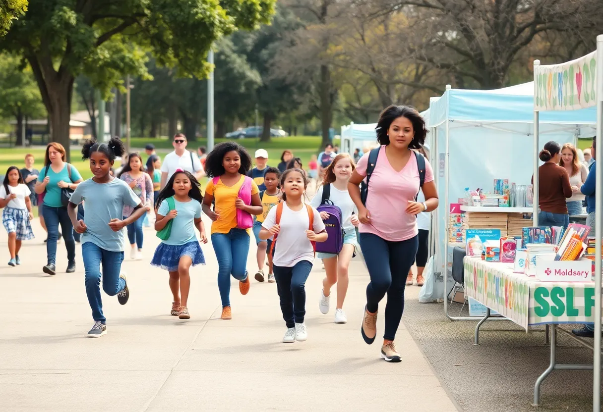 Families participating in a fun run while donating school supplies at a community event.