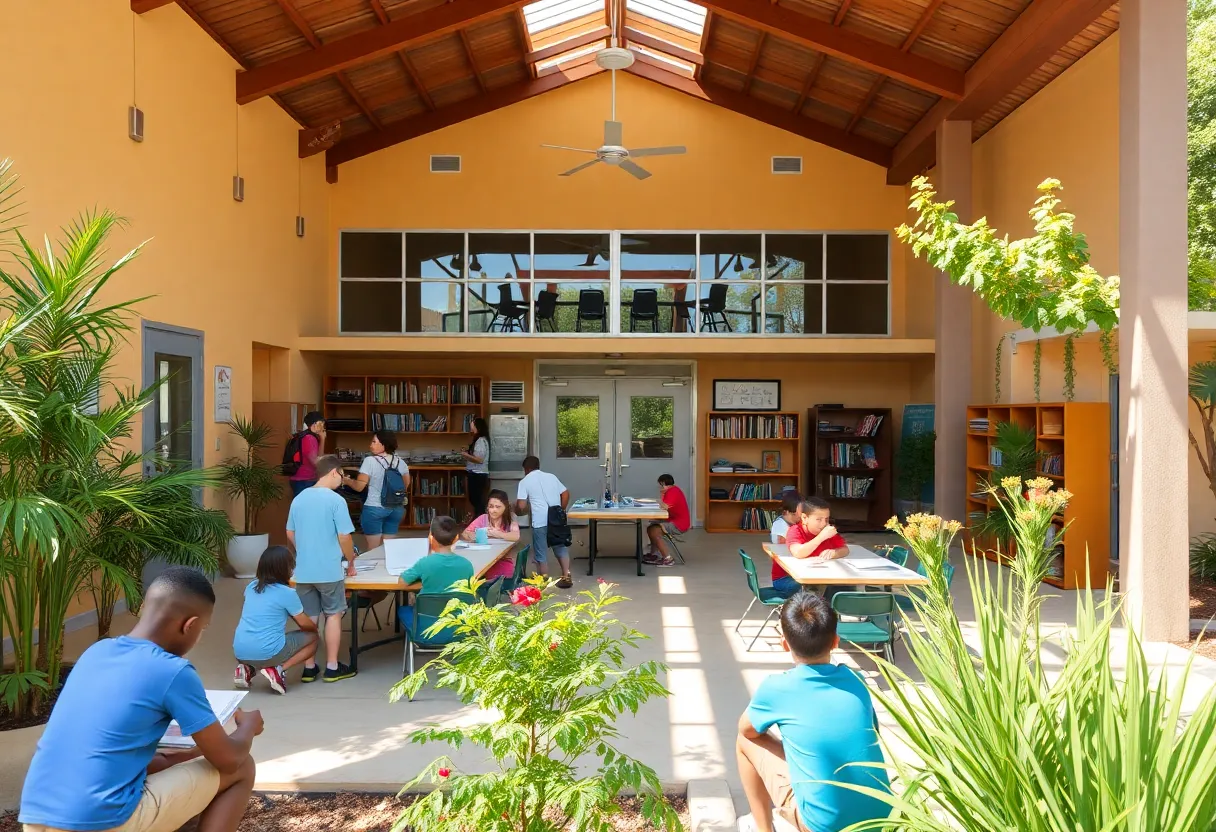 Exterior view of a San Antonio school with students and greenery