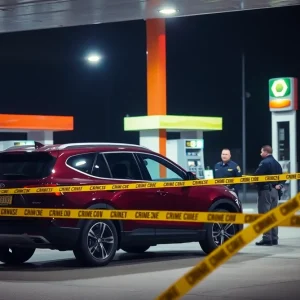 Crime scene at a gas station with police presence