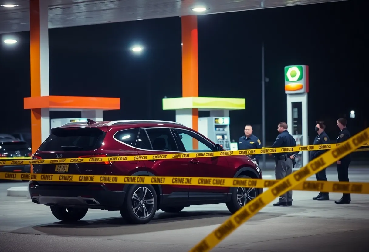 Crime scene at a gas station with police presence