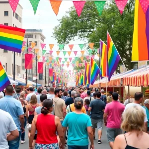 Crowd celebrating at San Antonio Pride Festival with rainbow flags and food stalls.