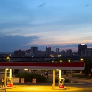 Cityscape of San Antonio with a focus on a gas station, reflecting community concerns about youth violence.