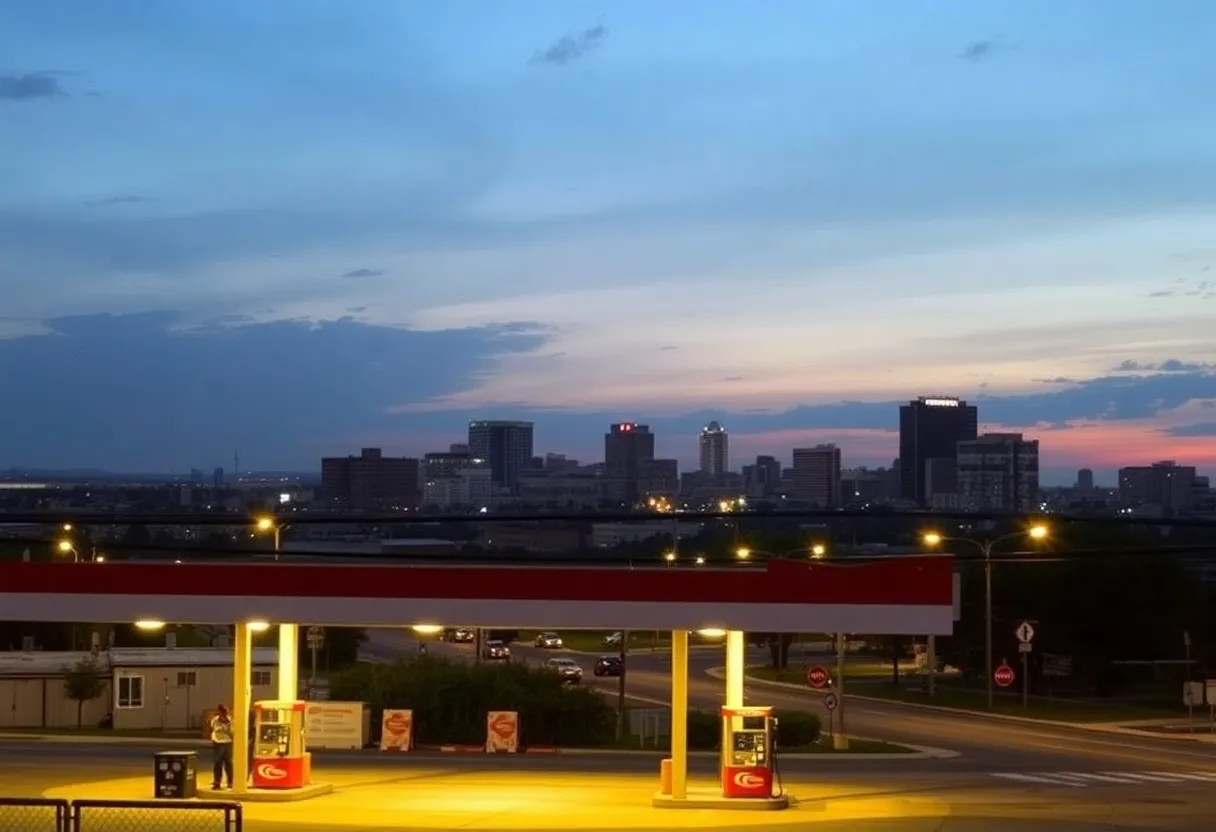Cityscape of San Antonio with a focus on a gas station, reflecting community concerns about youth violence.