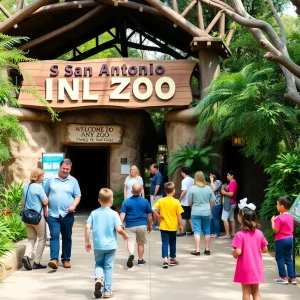 Families visiting San Antonio Zoo with teachers enjoying free admission.