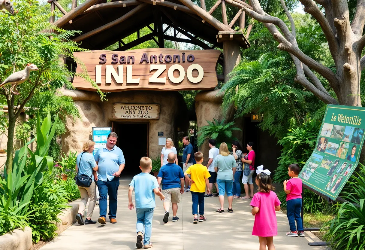 Families visiting San Antonio Zoo with teachers enjoying free admission.