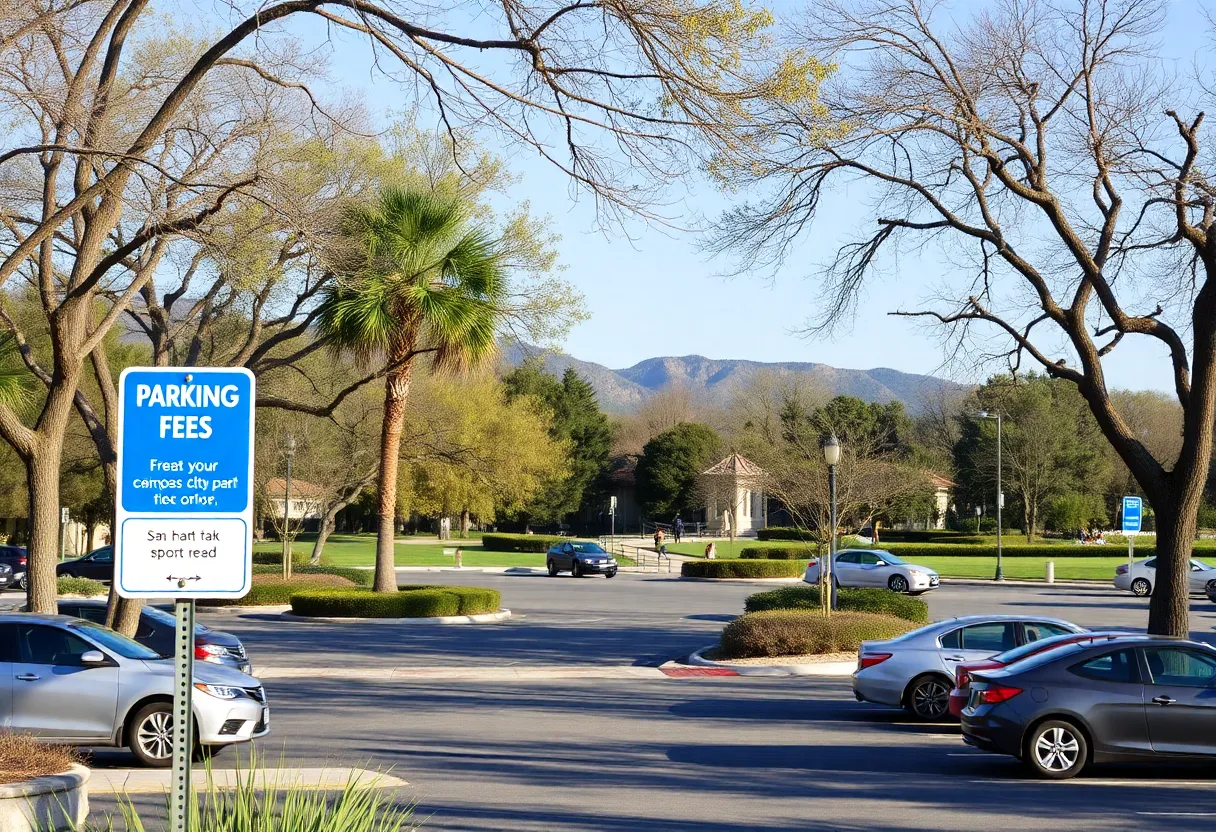 View of parking area at San Marcos City Park with fee signage