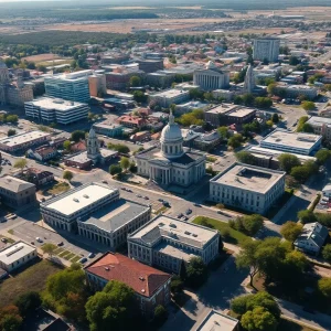 Aerial view of San Antonio showcasing neighborhoods and government buildings.