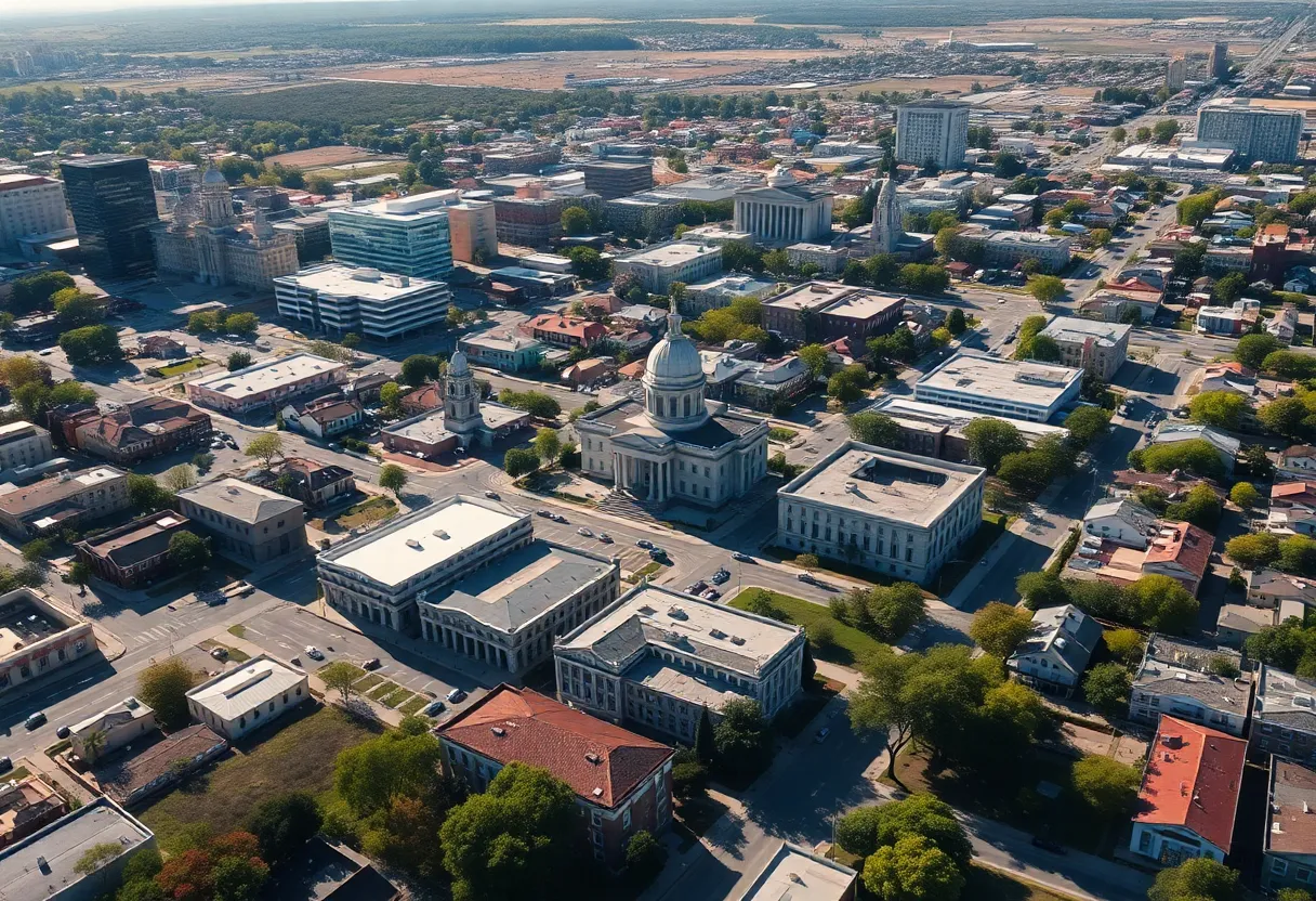Aerial view of San Antonio showcasing neighborhoods and government buildings.