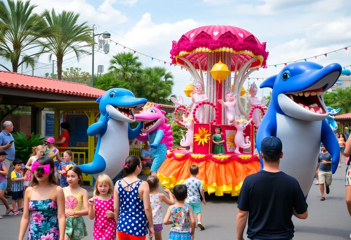 Families enjoying the Summer Spectacular at SeaWorld with vibrant parade floats and dancers.