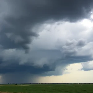Dark storm clouds over Texas landscape signaling severe weather.