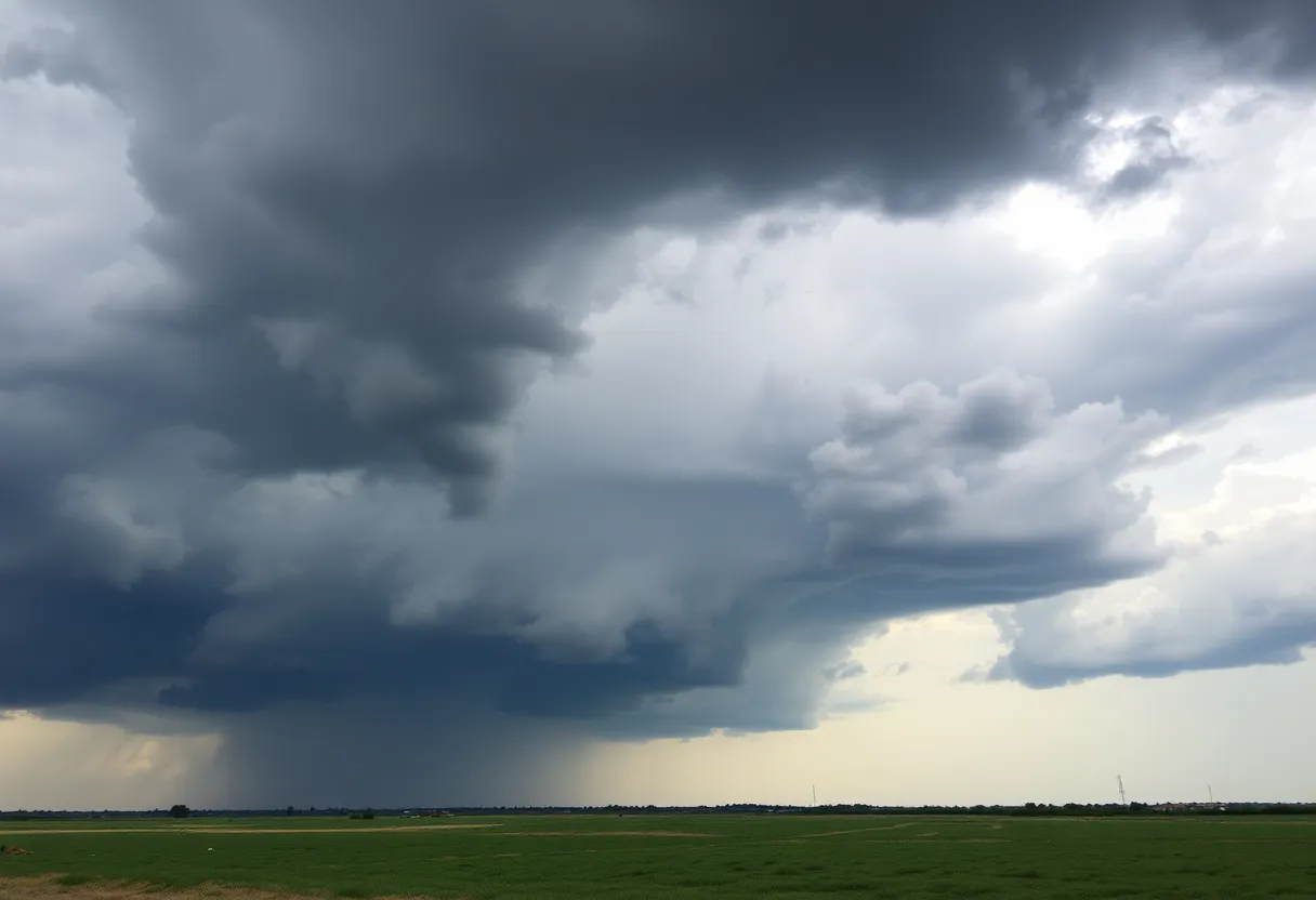 Dark storm clouds over Texas landscape signaling severe weather.