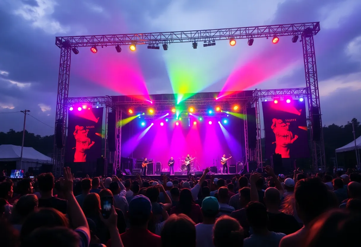 Concert crowd with anticipation and stage lights