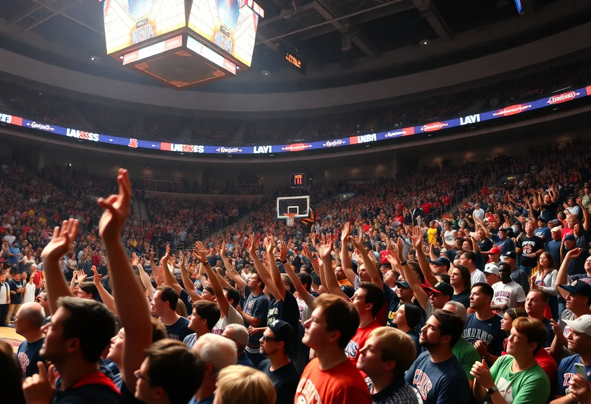 Celebration at the NBA Draft featuring fans and the team logo.