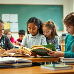 Students in a classroom improving their reading and mathematics skills