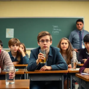 Concerned students with a teacher in a classroom.
