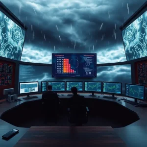 Illustration of Texas Cyber Command center with technology and stormy weather backdrop