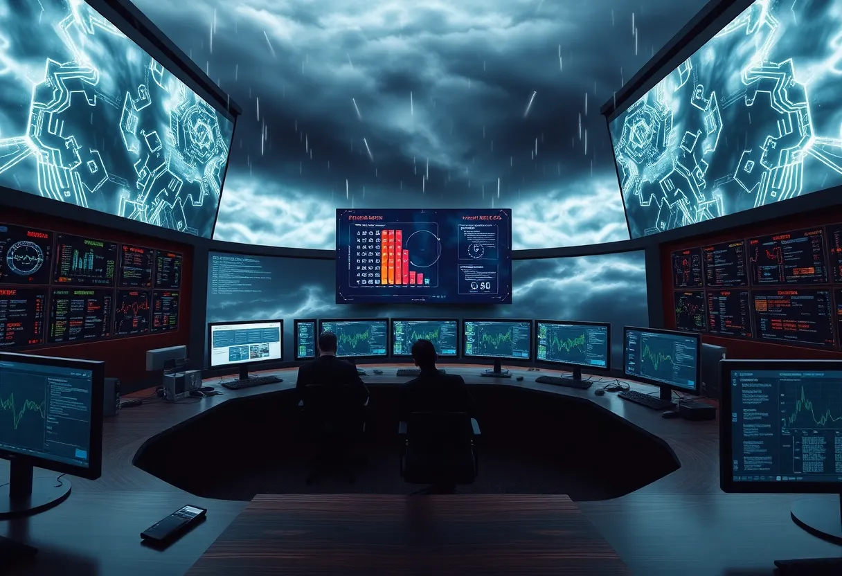 Illustration of Texas Cyber Command center with technology and stormy weather backdrop