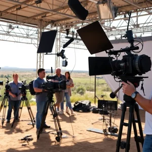 Film crew working on set in Texas with diverse backgrounds