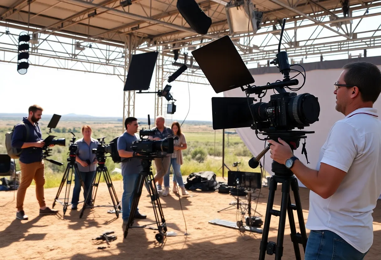 Film crew working on set in Texas with diverse backgrounds