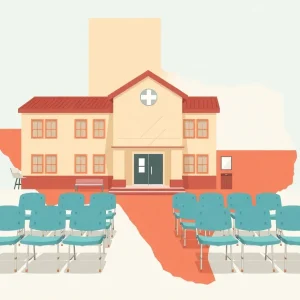 Illustration of the health care crisis in Texas with empty clinics and waiting rooms