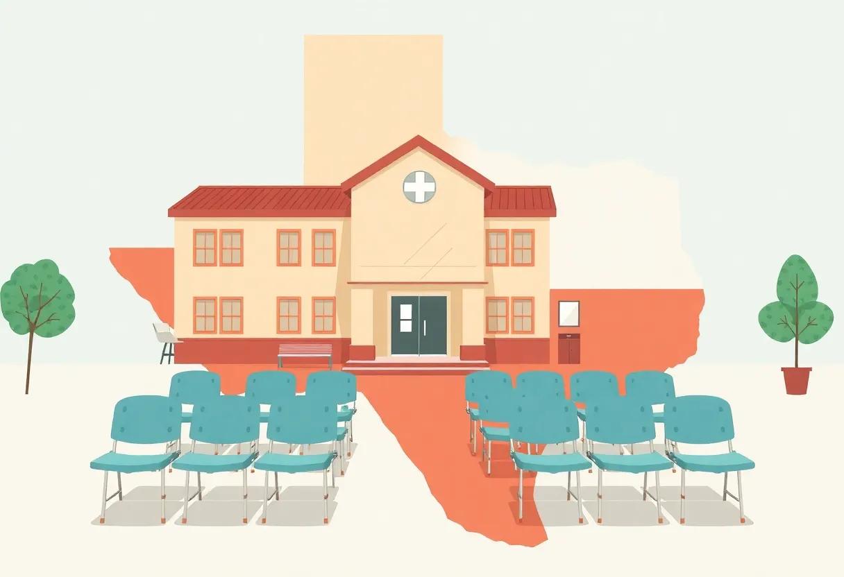 Illustration of the health care crisis in Texas with empty clinics and waiting rooms