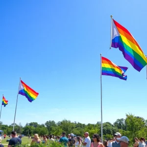 Texas Pride Month festivities with flags and people enjoying the heat