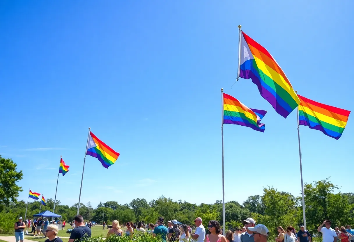 Texas Pride Month festivities with flags and people enjoying the heat