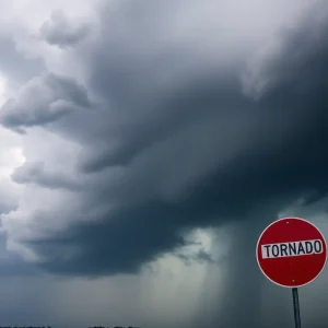 Dramatic storm clouds over Texas with a tornado warning sign