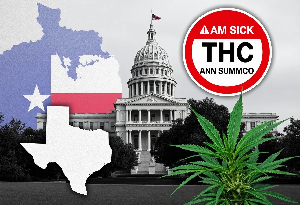 Texas state capitol with THC warning signs and hemp plant
