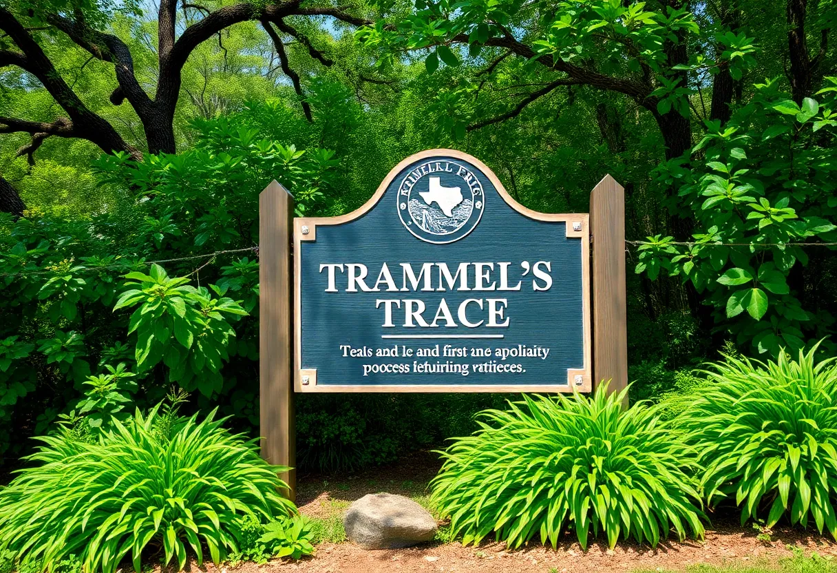 Historical sign for Trammel's Trace in Texarkana, Texas