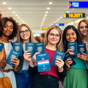 Group of diverse individuals holding passports with non-binary representation.