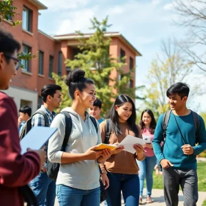 Students on campus celebrating educational collaboration.